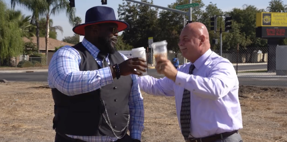 Pastor. D. J. Criner, left, and Fresno Mayor Jerry Dyer celebrate that a Starbucks will be built in southwest Fresno with a tentative open date in 2024.