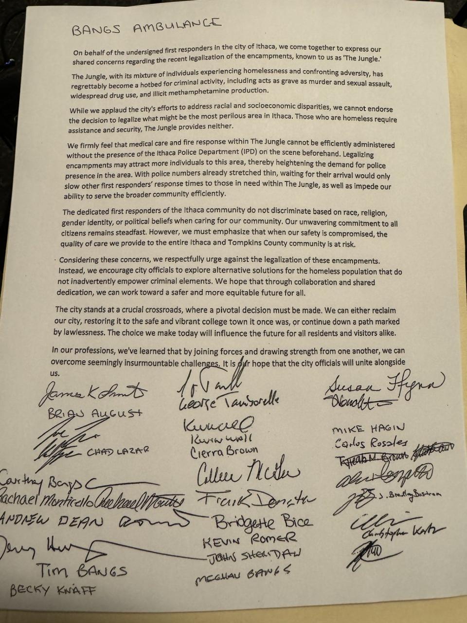 The statement signed by Tompkins County first responders at Bangs Ambulance, much of which paramedic James Smith read aloud at an Ithaca Common Council meeting Sept. 20.