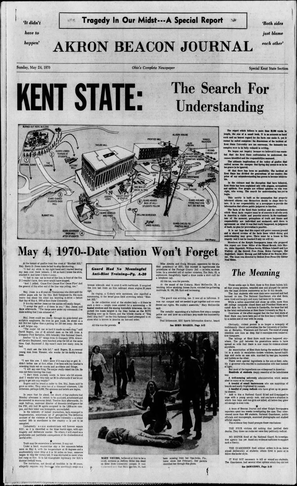 John Filo’s photo of a girl kneeling over the body of a Kent State protester is republished May 24, 1970, in the Akron Beacon Journal.