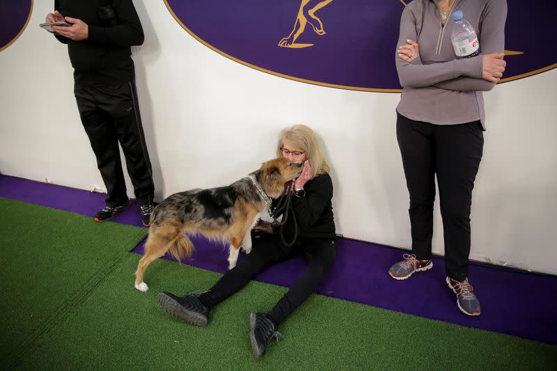 Drew, an Australian shepherd dog, kisses its owner, Hellen Halperin of New Jersey after taking part in the Masters Agility Championship during the Westminster Kennel Club Dog Show in New York