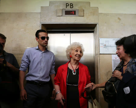 Estela de Carlotto, president of human rights organisation Abuelas de Plaza de Mayo (Grandmothers of Plaza de Mayo), arrives to a courthouse where the sentence hearing of the five-year trial for the role of Navy officers during the 1976-1983 dictatorship is being held, in Buenos Aires, November 29, 2017. REUTERS/Marcos Brindicci