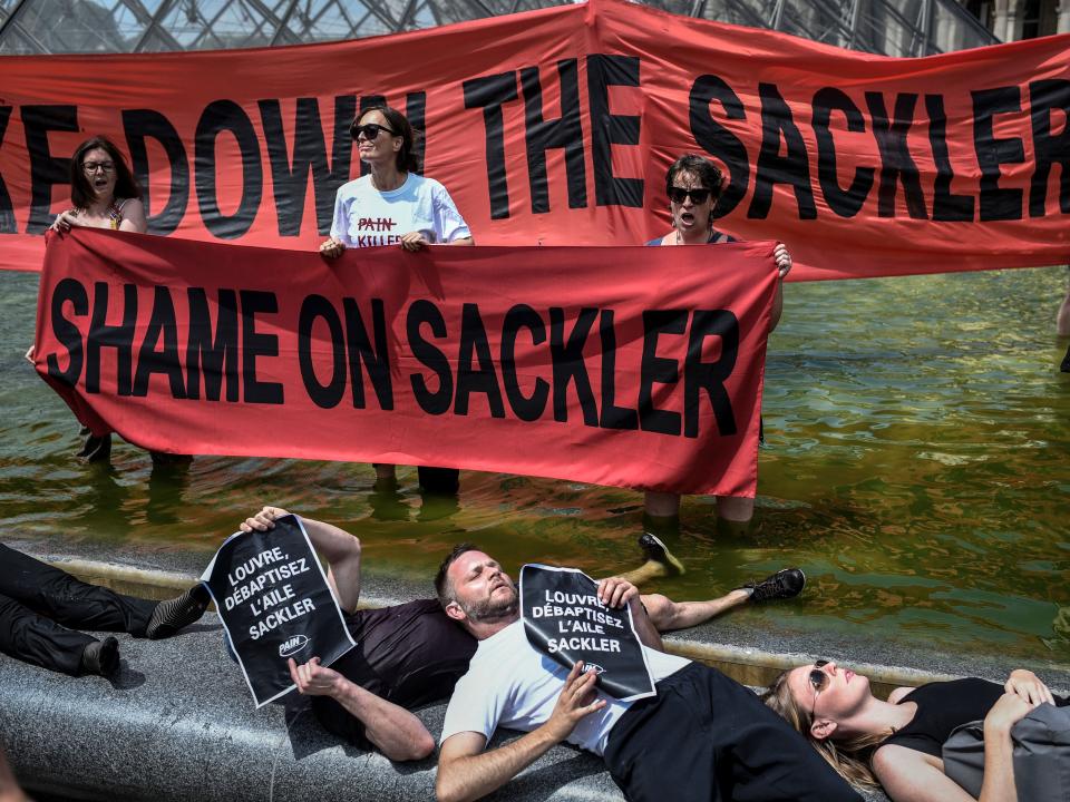 Protesters calling for the removal of the Sackler name outside the Louvre in 2019.