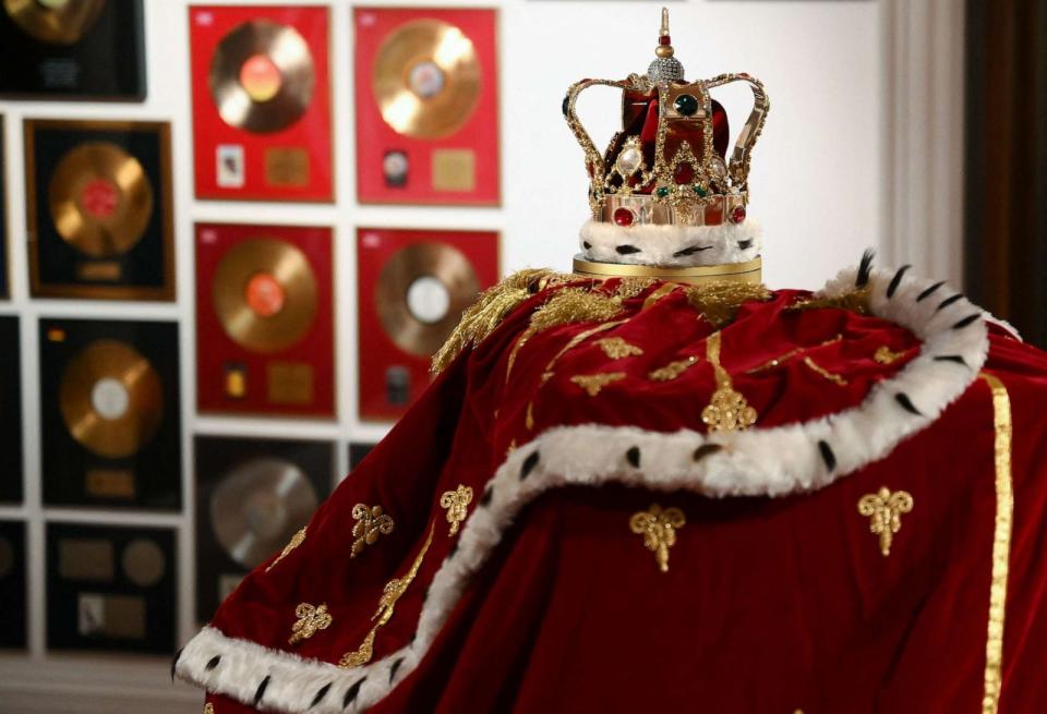 PHOTO: Freddie Mercury's signature crown and cloak ensemble, worn throughout Queen's 1986 'Magic' Tour, is pictured during a press preview ahead of the 'Freddie Mercury: A World of His Own' auctions, at Sotheby's auctioneers in London, on Aug. 3, 2023. (Daniel Leal/AFP via Getty Images)