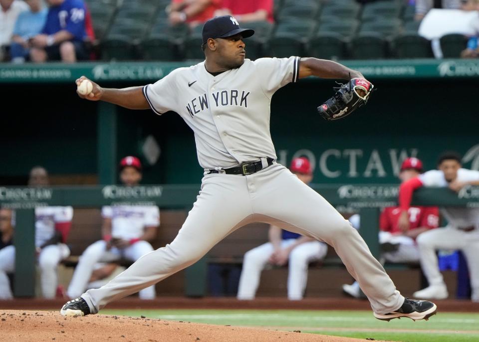 Luis Severino, seen throwing last October in Arlington, Texas, went 3.1 innings (one run) on a 58-pitch effort Tuesday night for Class AA Somerset.