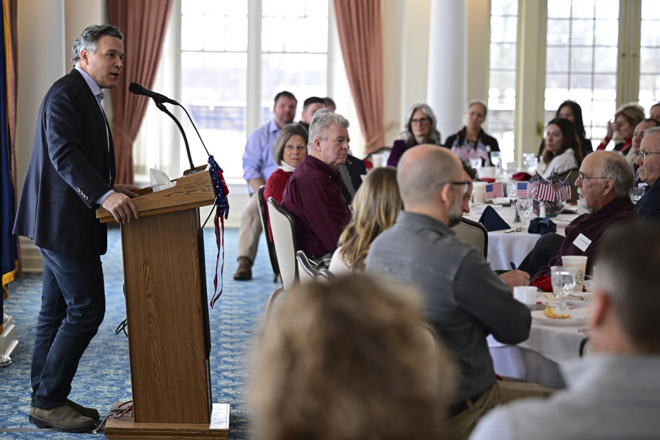 David McCormick, a Republican candidate for U.S. Senate in Pennsylvania, speaks during a campaign stop in Erie, Pa. on Saturday, Feb. 17, 2024. (AP Photo/David Dermer)