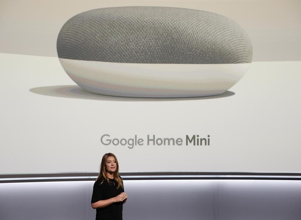 Isabelle Olsson, Google’s Head of Industrial Design for Home, speaks about the Google Home Mini during a launch event in San Francisco on Oct. 4. REUTERS/Stephen Lam