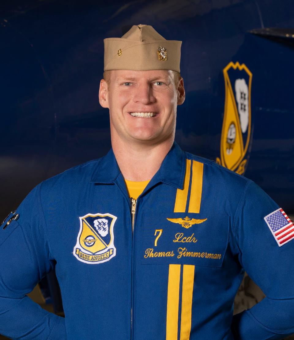 Lieutenant Commander Thomas Zimmerman is the narrator for the Blue Angel shows.