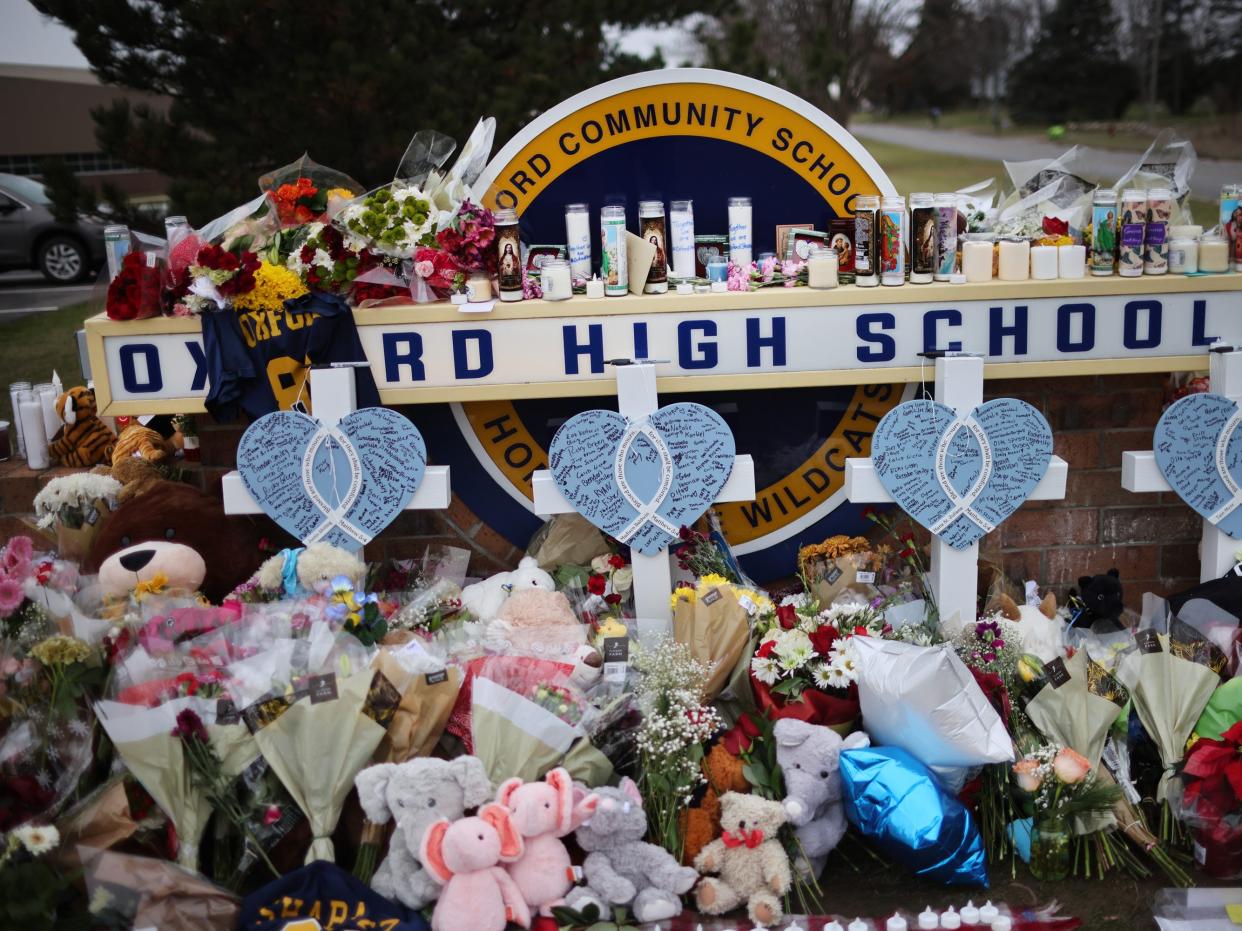 A memorial outside of Oxford High School continues to grow on December 03 2021 in Oxford, Michigan.