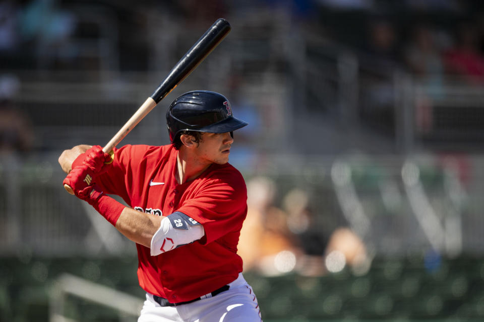 FT. MYERS, FL - FEBRUARY 28: Bobby Dalbec #29 of the Boston Red Sox bats during the second inning of a Grapefruit League game against the Atlanta Braves at jetBlue Park at Fenway South on March 1, 2021 in Fort Myers, Florida. (Photo by Billie Weiss/Boston Red Sox/Getty Images)