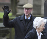 Former England player Jack Charlton arrives for the funeral service of former goalkeeper Gordon Banks at Stoke Minster, in Stoke on Trent, England, Monday March 4, 2019. Banks died on Feb. 12 aged 81. (AP Photo/Rui Vieira)