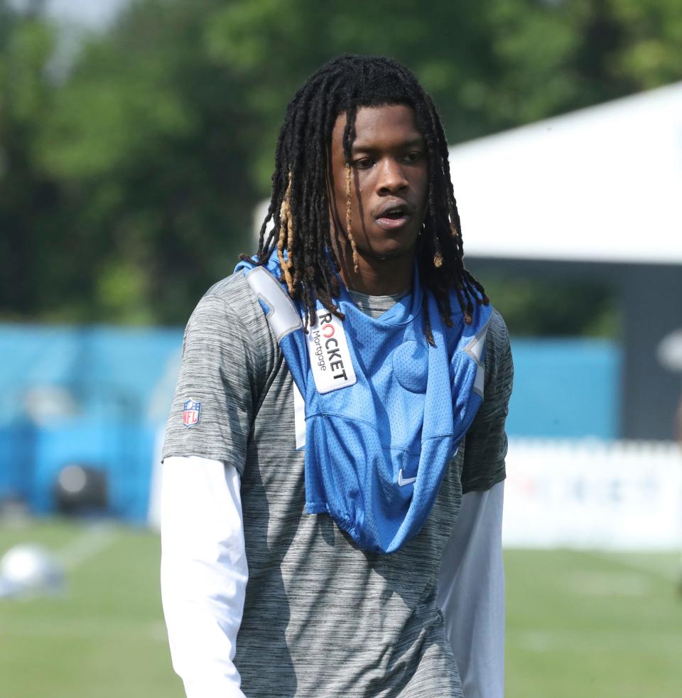 Lions wide receiver Jameson Williams walks off the field after training camp on Wednesday, July 26, 2023, in Allen Park.