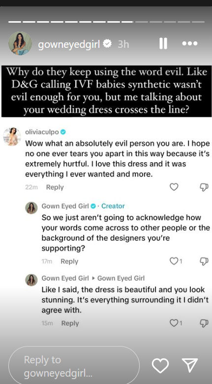 Olivia Culpo hit back at an influencer who had negative comments about her dress