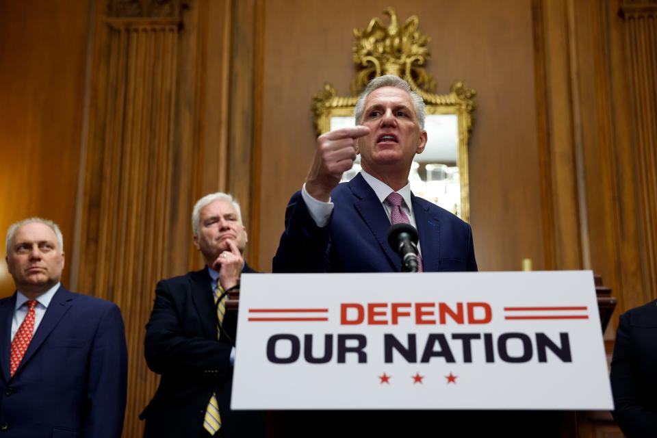 U.S. Speaker of the House Kevin McCarthy, R-Calif., speaks to reporters during a news conference after the passage of the National Defense Authorization Act (NDAA) at the U.S. Capitol Building on July 14, 2023 in Washington, DC.