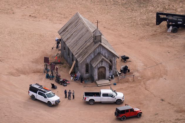 An aerial photo shows the Bonanza Creek Ranch in Santa Fe, New Mexico, after a gun went off on the 