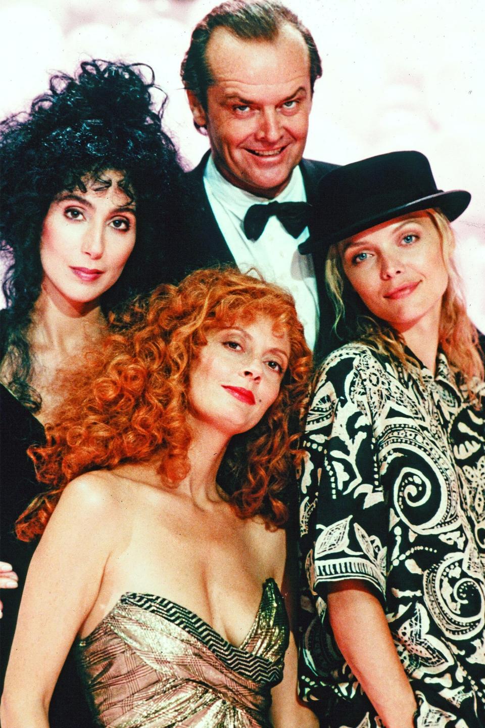 CIRCA 1987: (Clockwise) Cher, Jack Nicholson, Michelle Pfeiffer and Susan Sarandon pose for the Warner Bros movie "The Witches of Eastwick" circa 1987. (Photo by Hulton Archive/Getty Images)