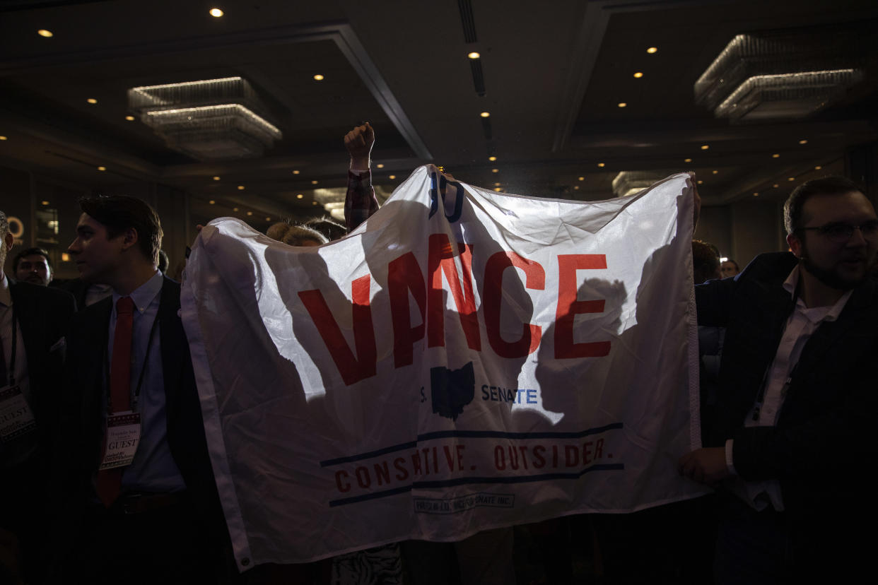 People react after Republican candidate JD Vance won the Senate seat against Rep. Tim Ryan (D-Ohio) in Columbus, Ohio, on Nov. 8, 2022. (Maddie McGarvey/The New York Times)