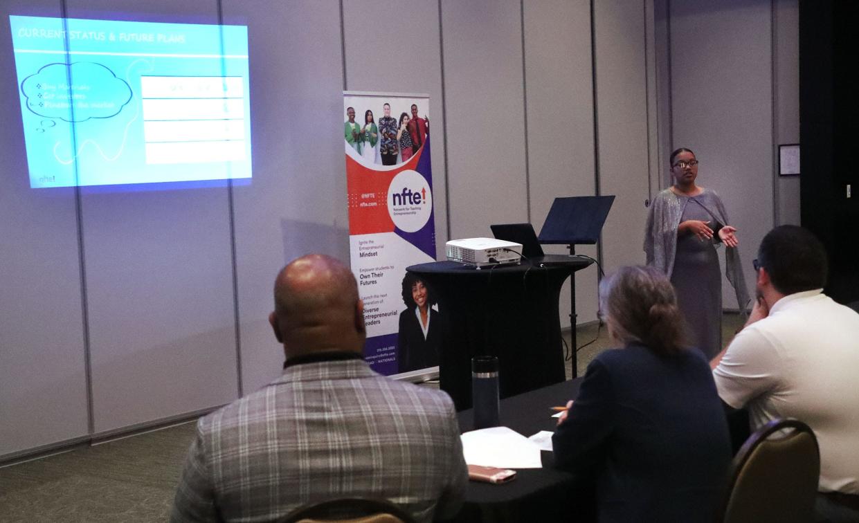 Seabreeze High School student Arianna Tilly pitches her hair-care product to the judges, during the Network for Teaching Entrepreneurship second annual "Shark Tank" style pitch competition for high school students, Wednesday, March 13, 2024, at the Center in Deltona.