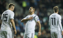 Germany's İlkay Gundogan, centre, celebrates after scoring his side's first goal during the Euro 2020 group C qualifying soccer match between Estonia and Germany at the A. Le Coq Arena in Tallinn, Estonia, Sunday, Oct. 13, 2019. (AP Photo/Raul Mee)