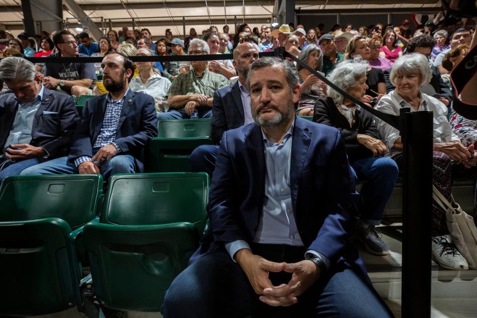 U.S. Sen. Ted Cruz, R-Texas, attends a community gathering at the Uvalde County Fairplex on May 25, 2022, to pay tribute to those killed in Uvalde, Texas, at Robb Elementary School.