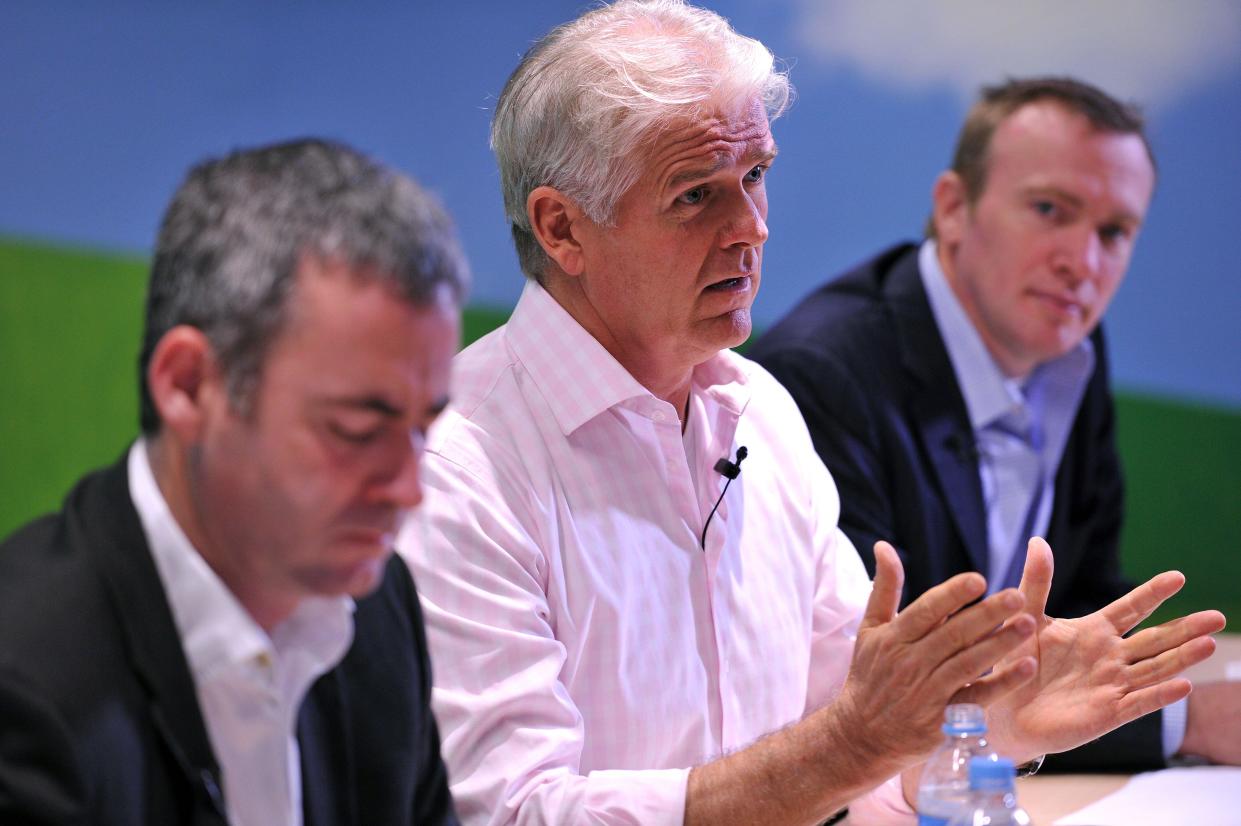 (L-R) iiNet CEO Michael Malone, Vodafone Hutchison Australia CEO Bill Morrow and Macquarie Telecom CEO David Tudehope at a Competitive Carriers Coalition (CCC) function in Sydney on Wednesday, June 26, 2013. (AAP Image/Paul Miller) NO ARCHIVING ** STRICTLY EDITORIAL USE ONLY ** 