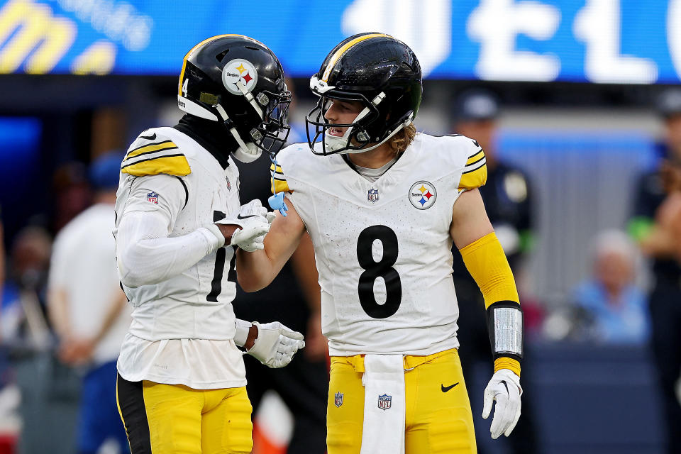 Kenny Pickett appeared to be stopped well short of the first down late on Sunday in Los Angeles. (Harry How/Getty Images)