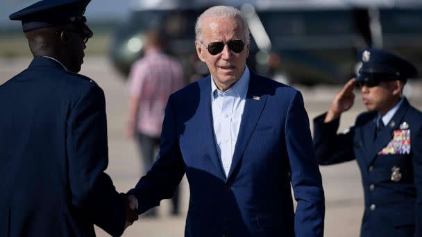 PHOTO: U.S. President Joe Biden disembarks Air Force One at Joint Base Andrews in Maryland on July 20, 2022. (Brendan Smialowski/AFP via Getty Images)