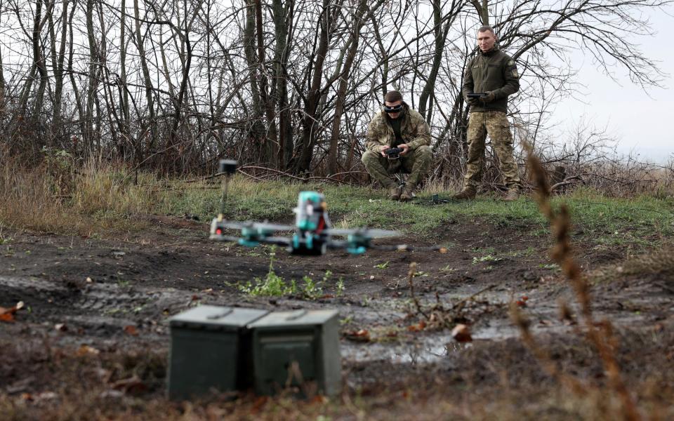 Ukrainian troops training in the use of FPV (first person view) drones near the front line in Donetsk region