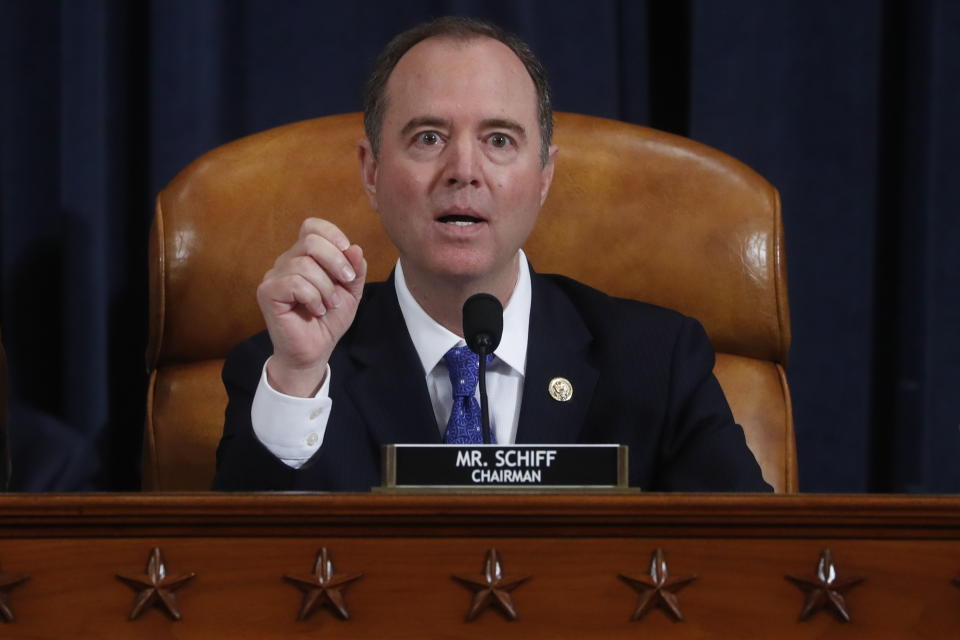 House Intelligence Committee Chairman Adam Schiff, D-Calif., questions U.S. Ambassador to the European Union Gordon Sondland before the House Intelligence Committee on Capitol Hill in Washington, Wednesday, Nov. 20, 2019, during a public impeachment hearing of President Donald Trump's efforts to tie U.S. aid for Ukraine to investigations of his political opponents. (Yara Nardi/Pool Photo via AP)