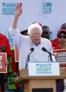 U.S. Sen. Bernie Sanders, I-Vt, tells thousands at a pro-union rally near Nissan Motor Co.'s Canton, Miss., plant, Saturday, March 4, 2017, that he congratulates workers for their courage "in standing up for justice." Participants marched to the plant to deliver a letter to the company demanding the right to vote on union representation to address better wages, safe working conditions and job security. (AP Photo/Rogelio V. Solis)