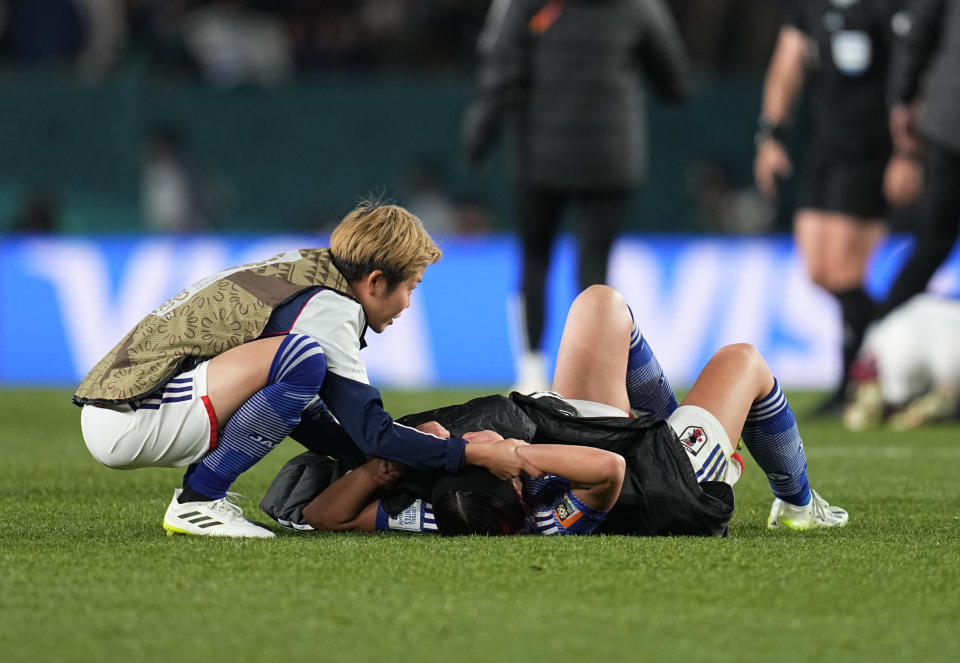 AUCKLAND, NEW ZEALAND - AUGUST 11: Japanese player Jun Endo looks sad after the quarter-final match of the Australia-New Zealand 2023 Women's World Cup between Japan and Sweden at Eden Park on August 11, 2023 in Auckland, New Zealand.  (Photo by Ulrik Pedersen/DeFodi Images via Getty Images)