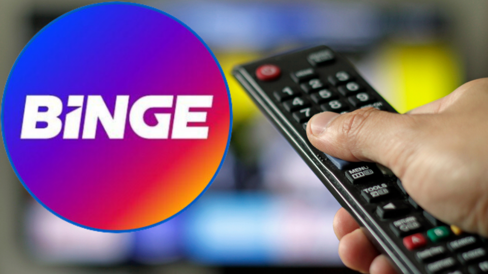 A composite image of the BINGE logo and a person holding a remote control.