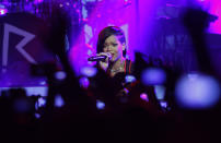 Barbadian singer Rihanna performs during the first stop of her 777 worldwide tour at the Plaza Condesa in Mexico City, Wednesday, Nov. 14, 2012. (AP Photo/Marco Ugarte)