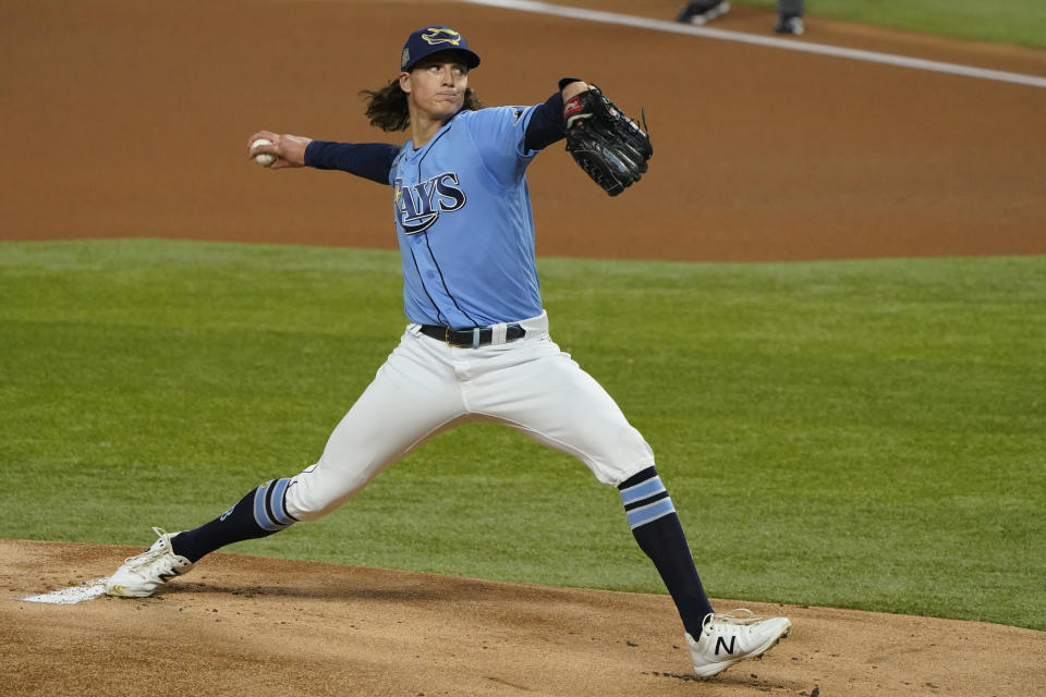 Tampa Bay Rays starting pitcher Tyler Glasnow throws against the Los Angeles Dodgers during the first inning in Game 5 of the baseball World Series Sunday, Oct. 25, 2020, in Arlington, Texas. (AP Photo/Tony Gutierrez)