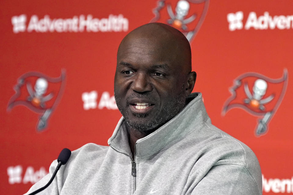 Tampa Bay Buccaneers head coach Todd Bowles speaks during an NFL football season ending news conference Monday, Jan. 22, 2024, in Tampa, Fla. The Buccaneers lost to the Detroit Lions in a divisional round game Sunday. (AP Photo/Chris O'Meara)