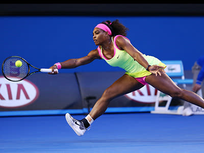 Serena Williams stretches to retrieve a forehand.