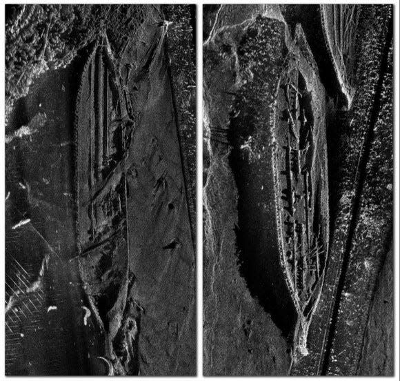 Texas Historical Commission sonar data from 2019 showing the submerged hulls of two of the abandoned World War I vessels in the Neches River.