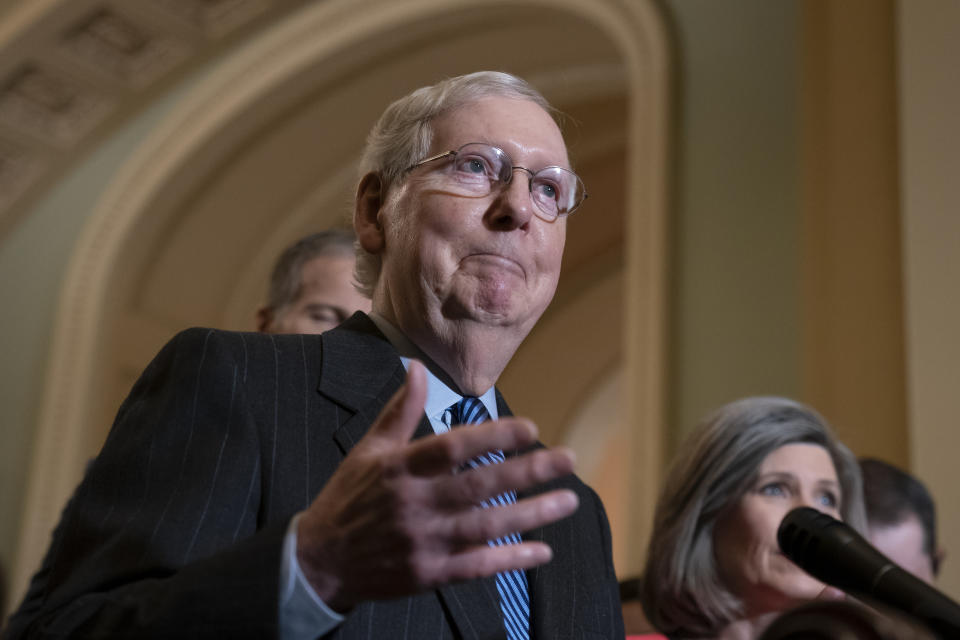 Senate Majority Leader Mitch McConnell, R-Ky., tells reporters he has secured enough Republican votes to start President Donald Trump's impeachment trial and postpone a decision on witnesses and documents Democrats want, at the Capitol in Washington, Tuesday Jan. 7, 2020. (AP Photo/J. Scott Applewhite)