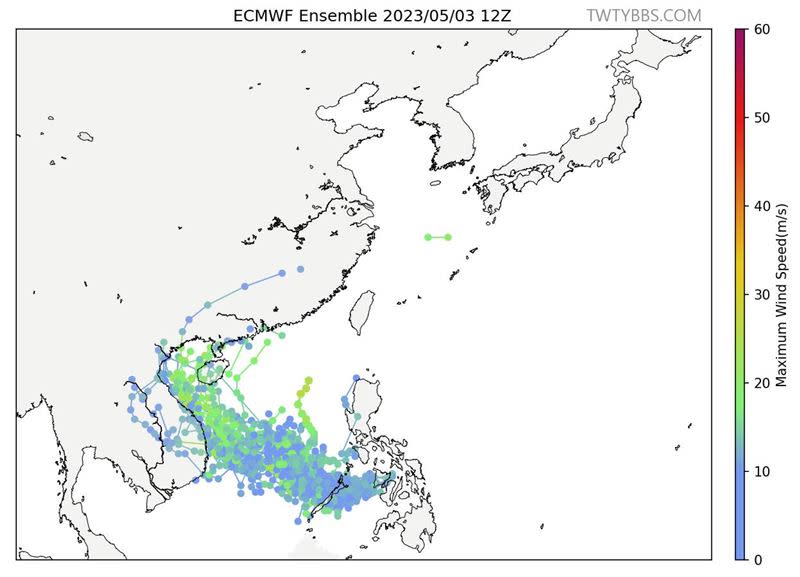 熱帶擾動最新路徑出爐，專家分析有機會增強為2號颱風「瑪娃」。（圖／翻攝自台灣颱風論壇｜天氣特急 臉書）