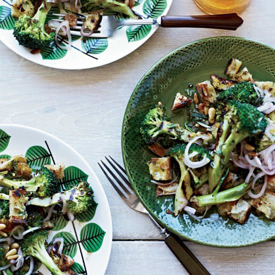Grilled Broccoli and Bread Salad with Pickled Shallots