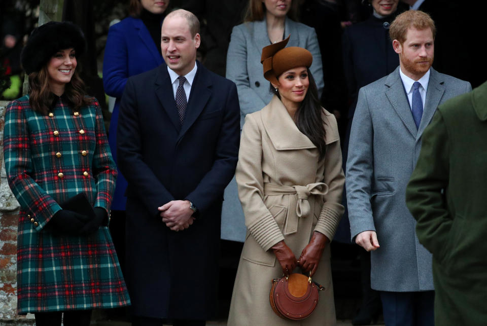 Catherine, Duchess of Cambridge, Prince William, Meghan Markle and Prince Harry leave St Mary Magdalene's church after the royal family's Christmas Day service.&nbsp; (Photo: Hannah Mckay / Reuters)