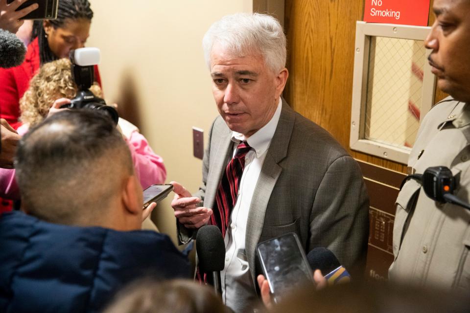 District Attorney Steve Mulroy speaks to the press after a hearing where the five former Memphis police officers charged for their involvement in the beating of Tyre Nichols plead not guilty at the Shelby County Criminal Justice Center in Memphis, on Friday, February 17, 2023. 