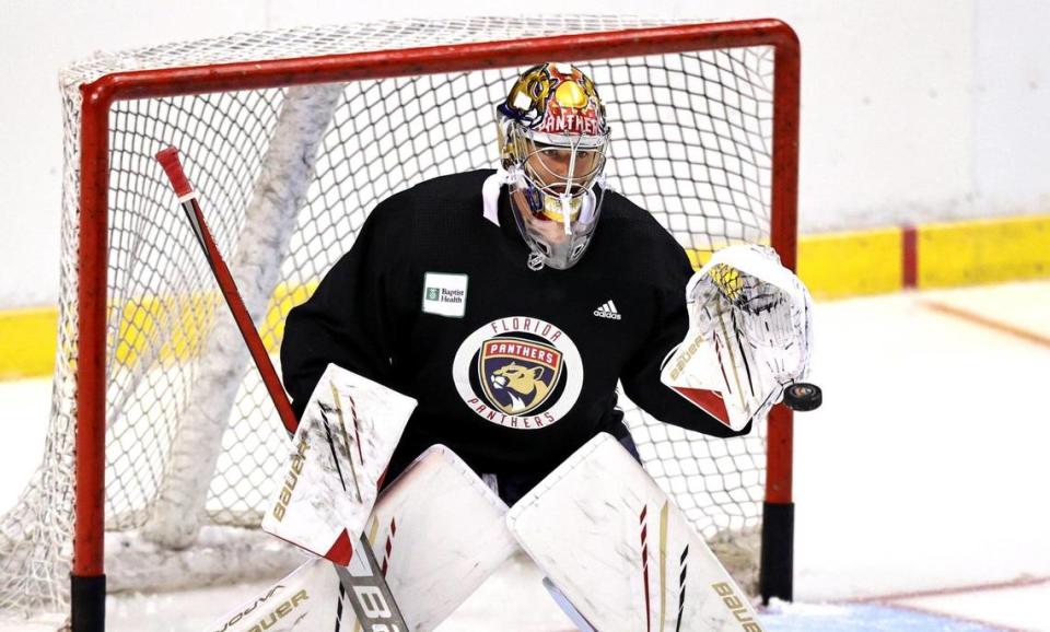 Florida Panthers goaltender Spencer Knight (30) makes a save during training camp in preparation for the 2021-22 NHL season at the FLA Live Arena on Thursday, September 23, 2021 in Sunrise, Florida.