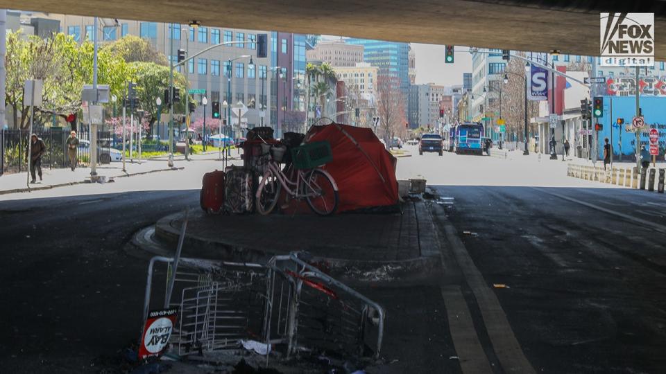 Homeless encampments line the streets in Oakland, California