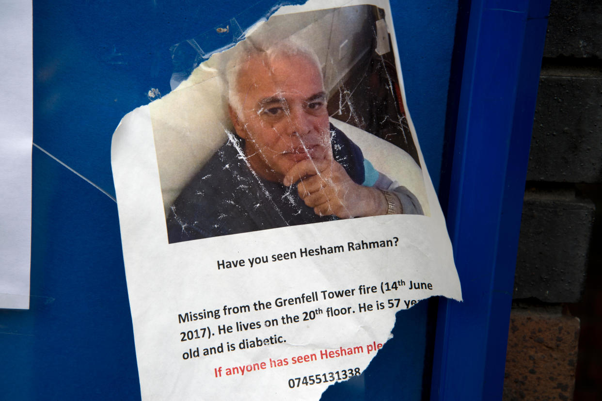 A poster seeking help in finding Hesham Rahman, one of the victims of the catastrophic fire of June 14th 2017 in the Grenfell Tower, West London