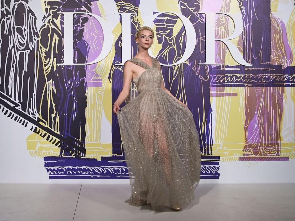 Anya Taylor Joy poses in a semi-sheer dress at a Dior fashion show.