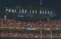 <p>A message on the video board reads ‘Pray For Las Vegas’ during a moment of silence before the Washington Redskins game against the Kansas City Chiefs at their Monday Night NFL football game at Arrowhead Stadium in Kansas City, Missouri, USA, 02 October 2017. (Photo: Larry W. Smith/EPA-EFE/REX/Shutterstock) </p>