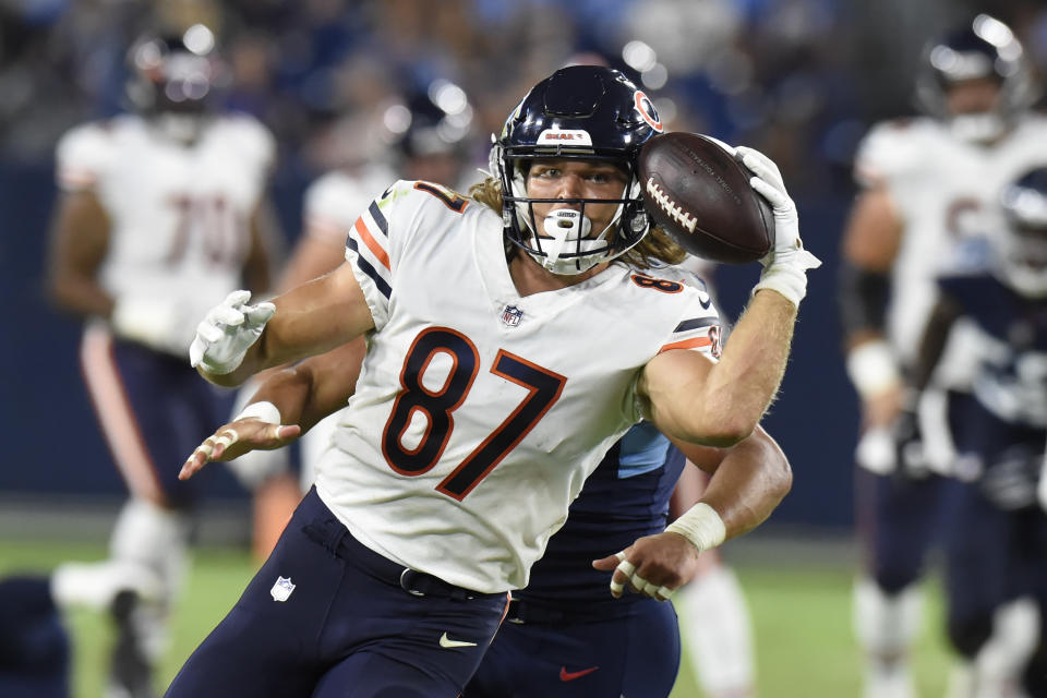 Chicago Bears tight end Jesper Horsted (87) makes a one-handed catch as he scores a touchdown against the <a class="link " href="https://sports.yahoo.com/nfl/teams/tennessee/" data-i13n="sec:content-canvas;subsec:anchor_text;elm:context_link" data-ylk="slk:Tennessee Titans;sec:content-canvas;subsec:anchor_text;elm:context_link;itc:0">Tennessee Titans</a> in the second half of a preseason NFL football game Saturday, Aug. 28, 2021, in Nashville, Tenn. (AP Photo/Mark Zaleski)