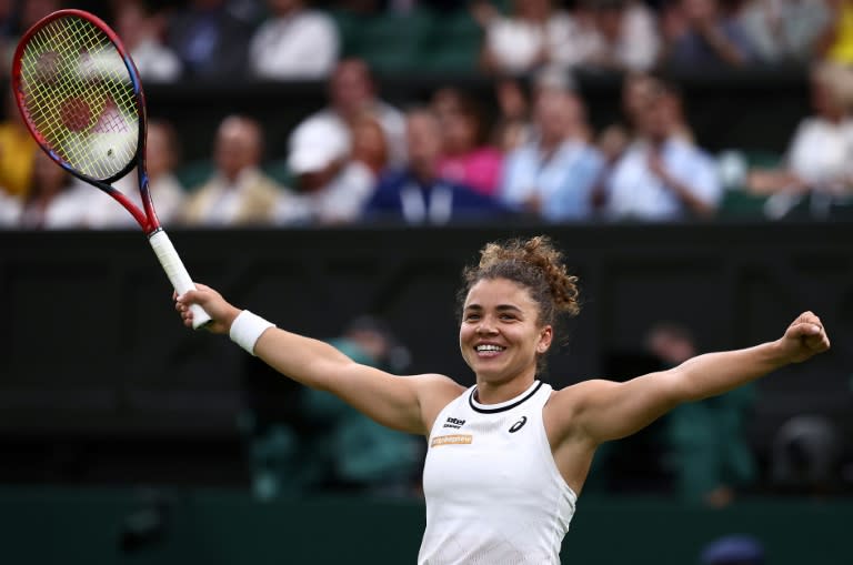 Quick work: Jasmine Paolini celebrates winning against Emma Navarro in less than an hour (HENRY NICHOLLS)