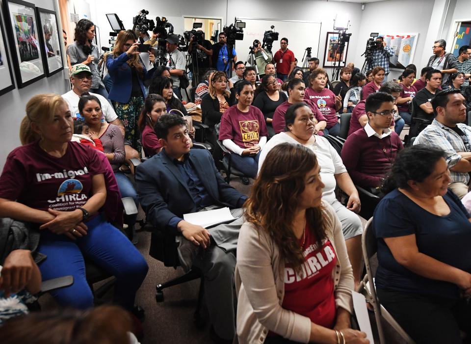 DACA recipients and supporters watch President Donald Trump during a State of the Union party at the Coalition for Humane Immigrant Rights and the California Dream Network offices in Los Angeles, Jan. 30, 2018. (Photo: MARK RALSTON via Getty Images)