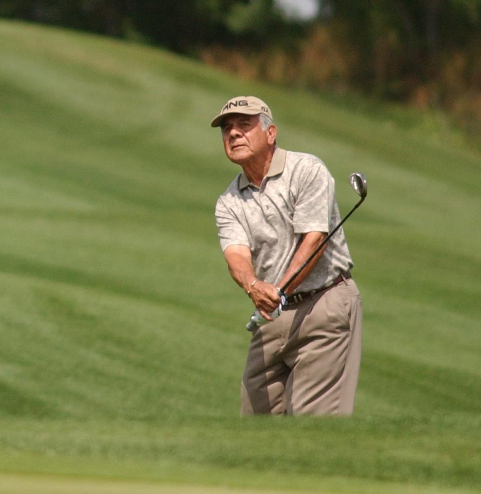 Joe Jimenez hits onto the thirteenth green at The Westin Savannah Harbor Golf Resort & Spa during the first round of the seventy and older Demaret Division. After one round of play Jimenez and partner Charles Sifford are tied for first place.